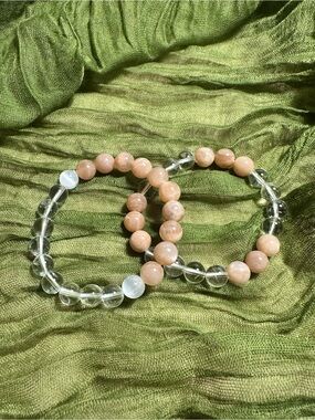 Handmade Sunstone and Clear Quartz Beaded Stretch Bracelet Set
